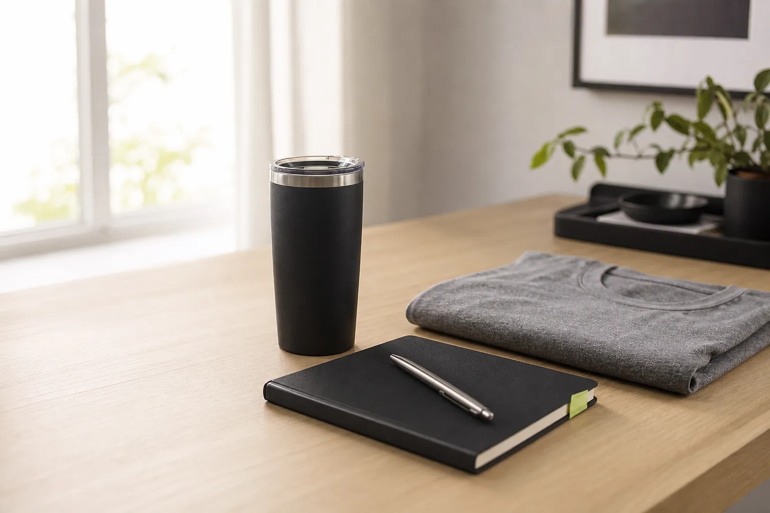 Branded tumbler, notebook and tee on a desk