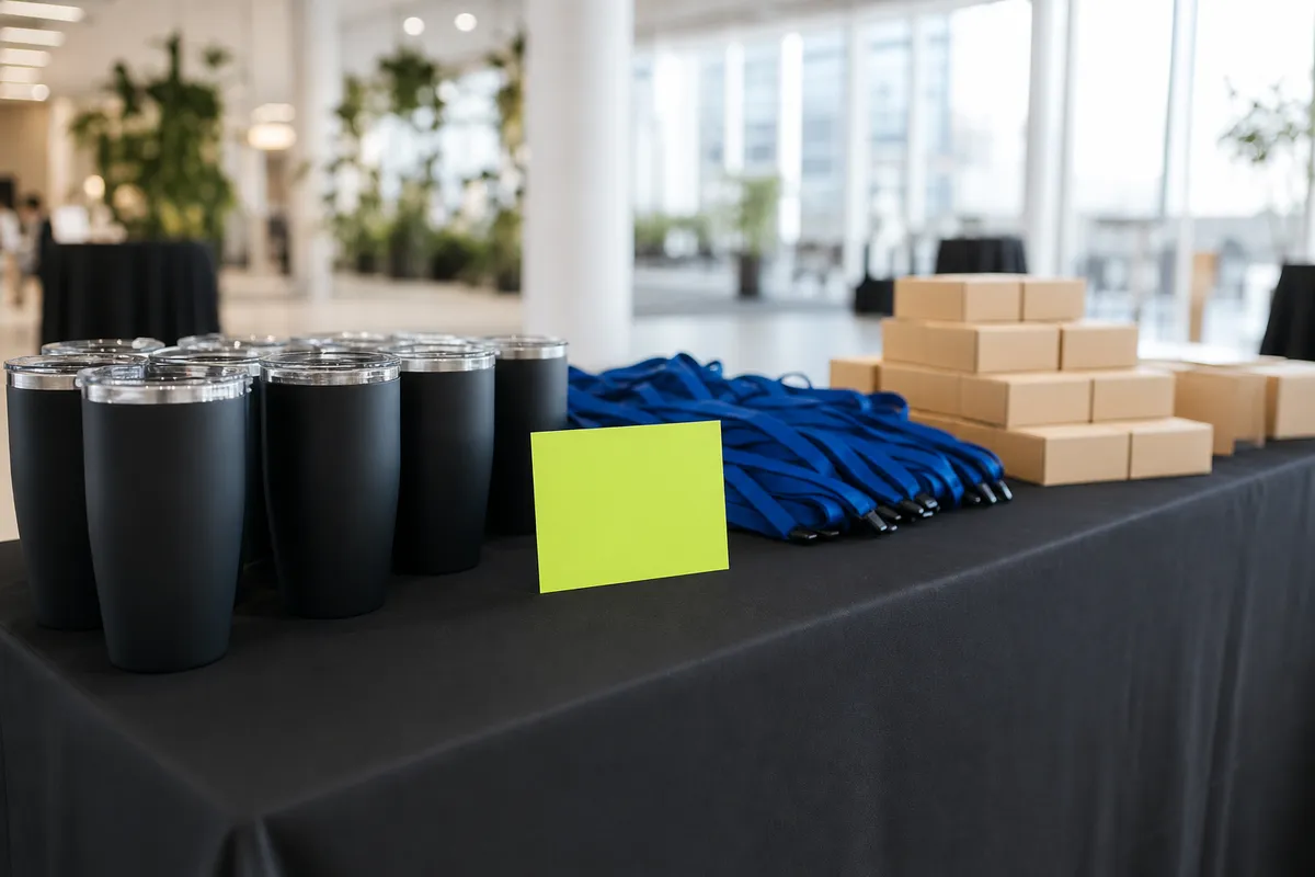 Trade show table with branded merchandise