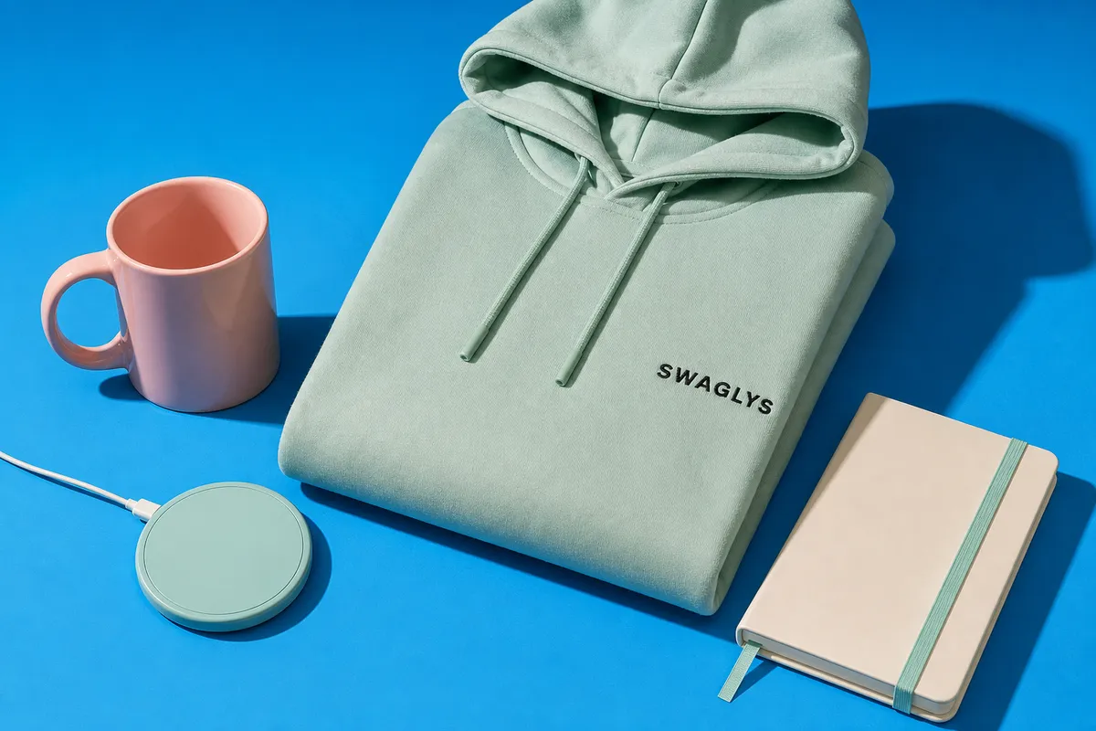 A remote team care pack with a mint hoodie, pink mug, wireless charger, and cream notebook